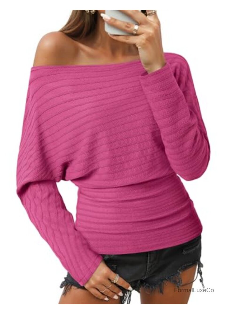 Trendy Off Shoulder Knit Pullover Long Batwing Sleeve Top